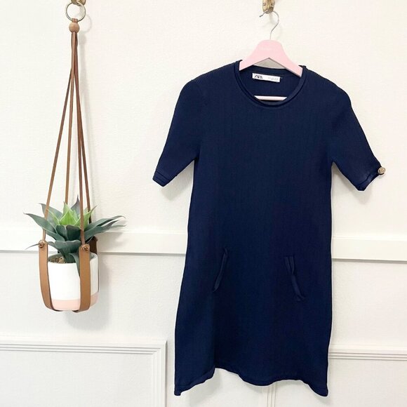 Zara Knit Navy Blue Mini Dress with Gold Buttons Size L - Picture 2 of 9